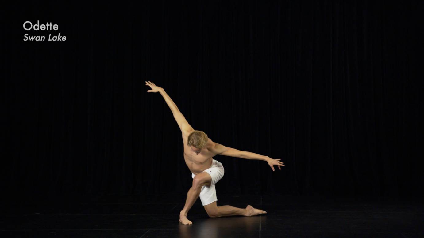 Against a black background, David Hallberg, in white shorts, kneels, his head down and his arms extended in a letter L to evoke Odette from Swan Lake.
